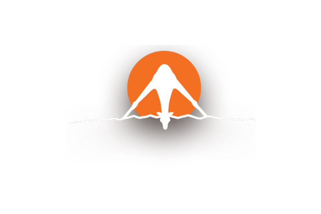 Client logo: white emblem on an orange sun