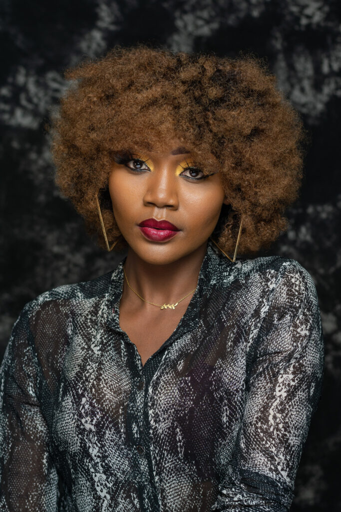 Beauty portrait of a woman with an afro and bold red lipstick in a sheer patterned blouse